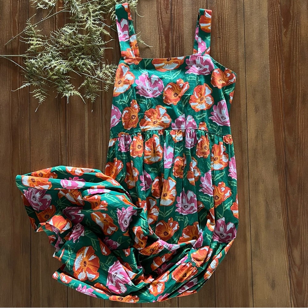 Pink Chicken Green Floral Sundress with Orange & Pink Blooms